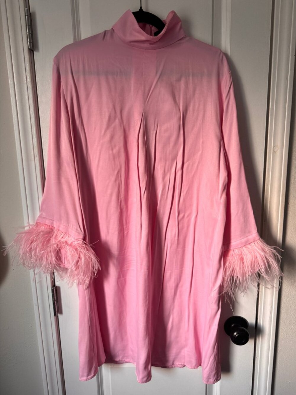 Sleeper Party Feather Trim Mini Dress L Pink Crepe de Chine Barbiecore